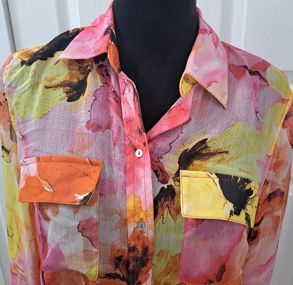 Fever Multi Colored Floral Sheer Blouse     Size M - Picture 2 of 12